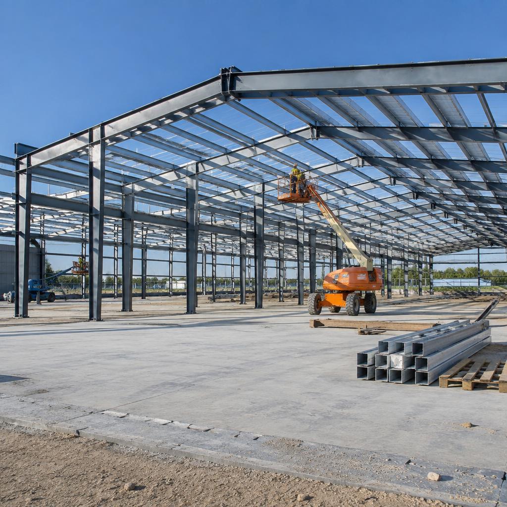 Nave industrial en construcción con estructura metálica